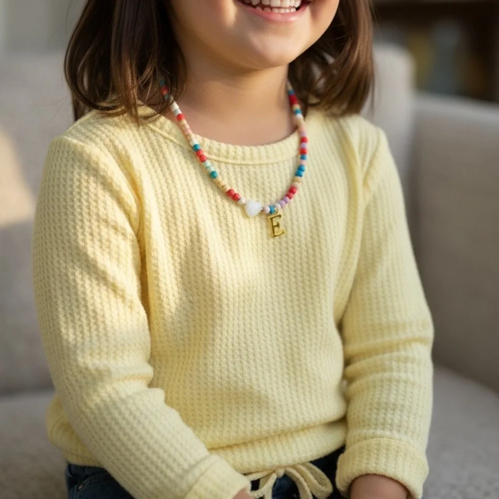 Colorful Beaded Kids Necklace with Heart and Initial E Charm